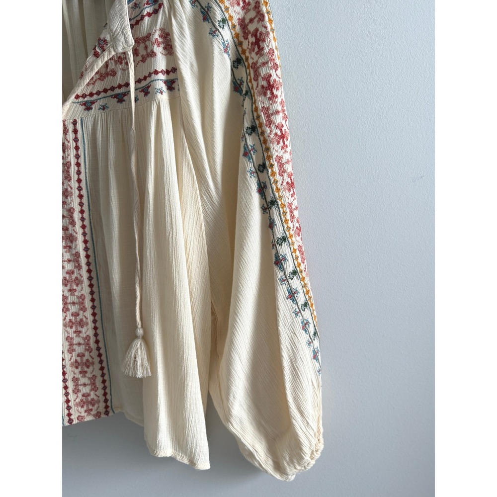 American Eagle Embroidered Large Peasant Blouse Boho Tassel Balloon Sleeve Top - Picture 10 of 12